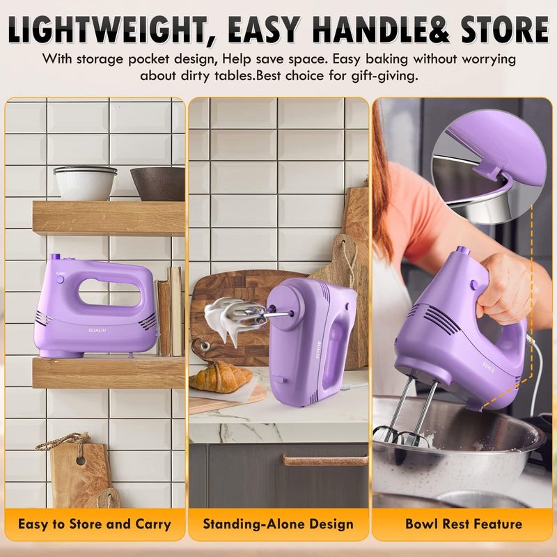 GUALIU Electric Hand Mixer with Stainless Steel Whisk, Dough Hook Attachment and Storage Bag, Handheld Mixer for Baking Cakes, Eggs, Cream Food Mixers. Turbo Boost /5 Speed Kitchen Blender PURPLE - Image 5